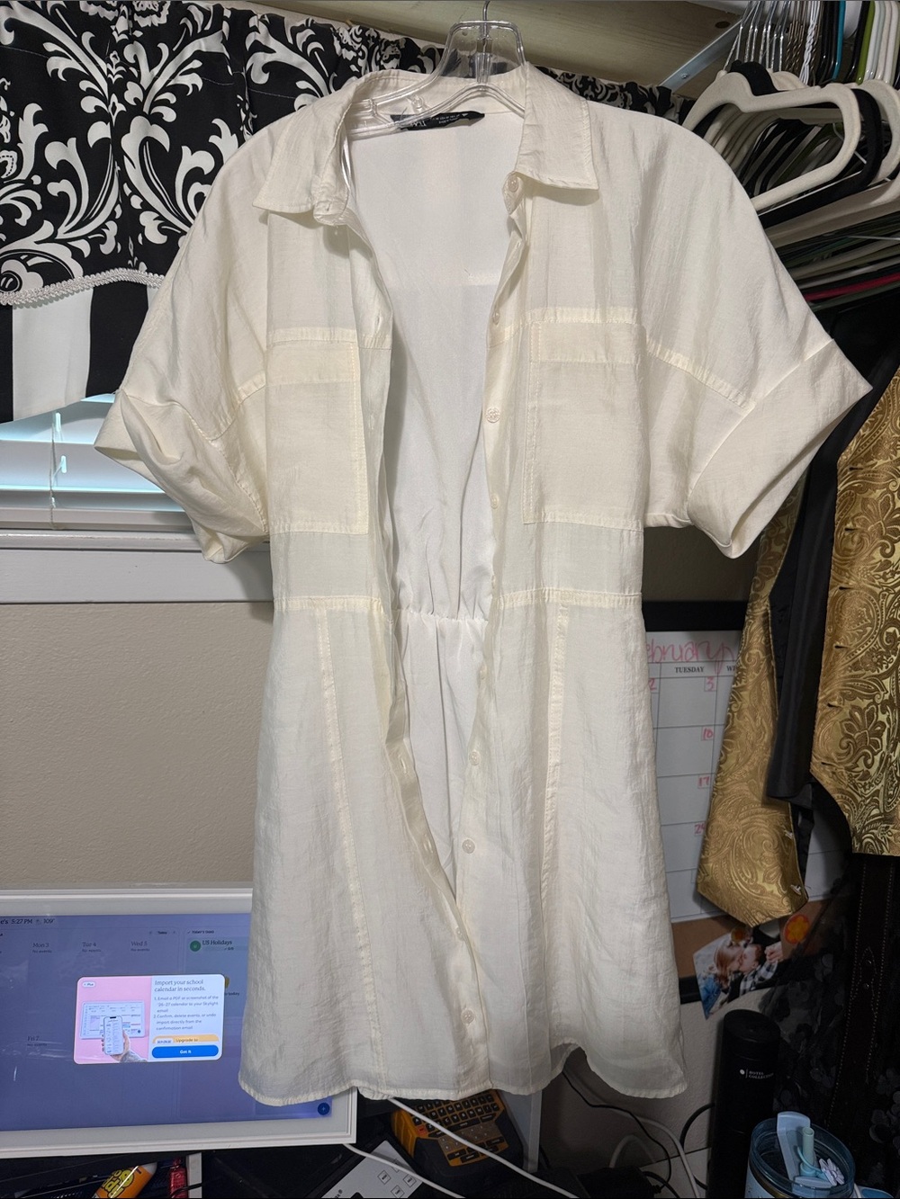 Zara Cream Short-Sleeve Button-Front Midi Dress